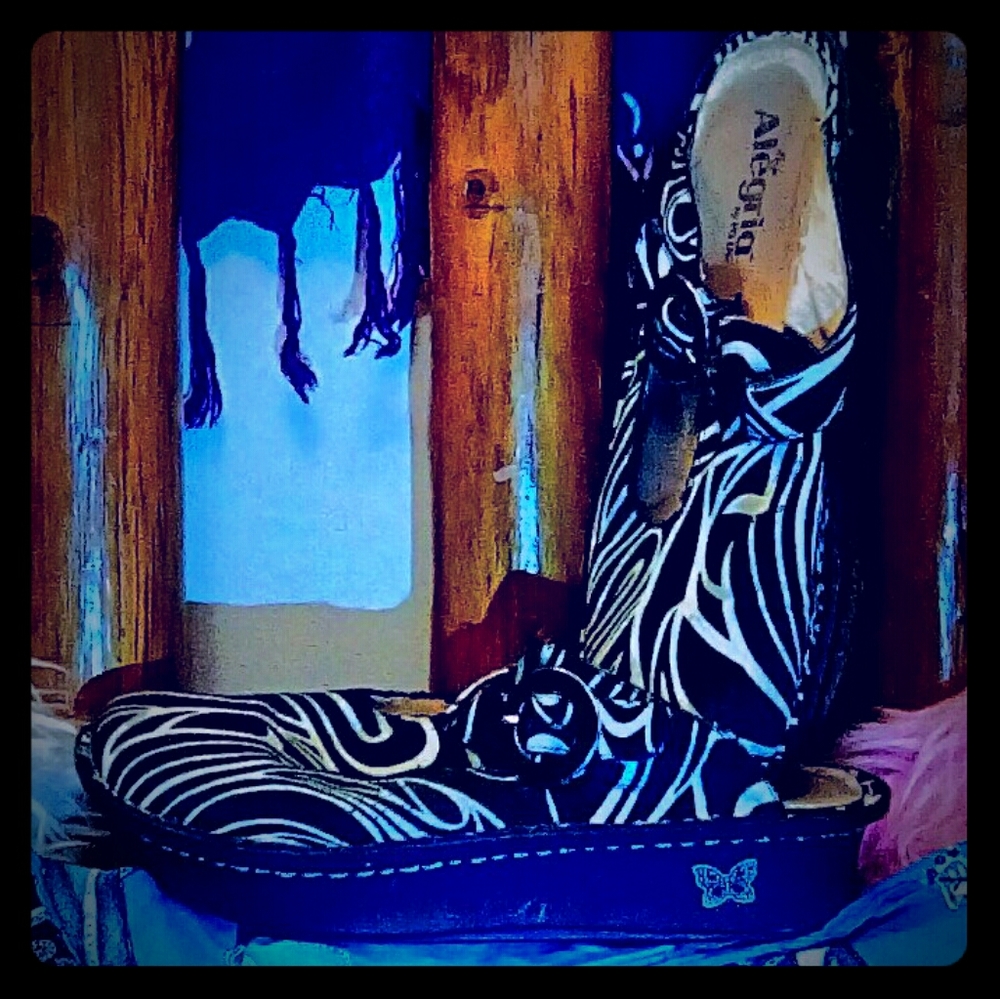 Zebra striped Alegria mules by PG lite